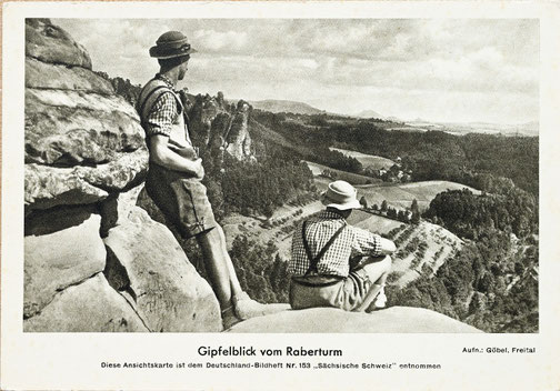 Bergsteiger auf dem Raaber Turm, Postkarte aus den 1930-er Jahren, Foto: Georg Göbel