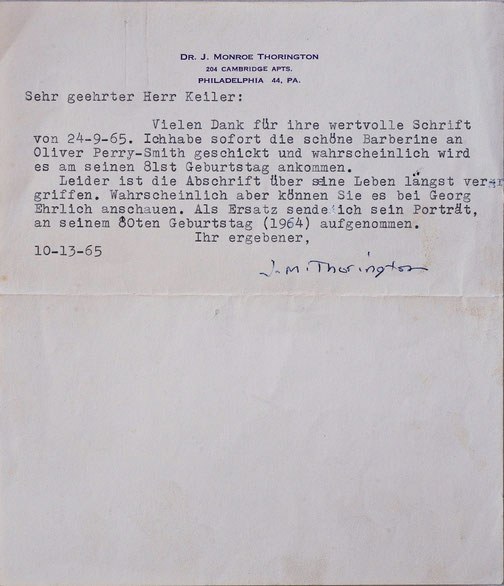 Brief von J. Monroe Thorington an Ralph Keiler, 1965