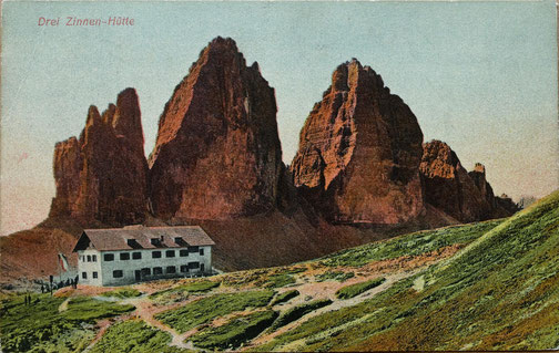 Drei Zinnen mit Drei Zinnen-Hütte, Ansichtskarte um 1909