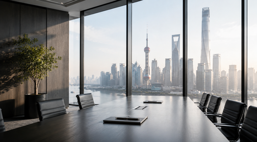 Executive boardroom overlooking the Shanghai skyline, representing premium executive search services for international companies in China.