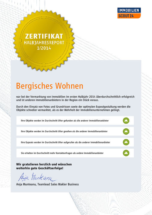 Premium Partner Bergisches Wohnen Auszeichnung 2014 Immobilienmakler Ulrike Peters