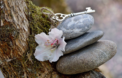 Drei Steine mit rosa Blume und silbernem Schlüssel