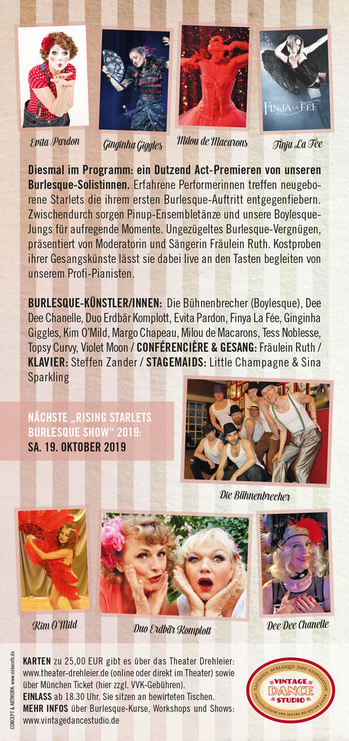 Burlesque-Show in München: Die Rising Starlets von Dixie Dynamite's School Of Burlesque zeigen ihr Können am Samstag 27. Oktober 2018 im Theater Drehleier.