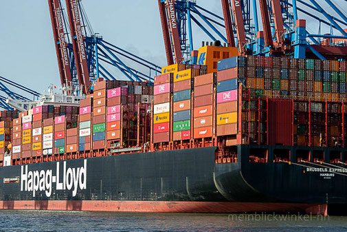 Elbe Schiff Container Containerschiff Krahn Krähne Hafenkrahn Hafenkräne Ladung löschen Hamburg