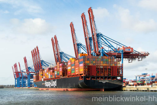 Elbe Schiff Container Containerschiff Krahn Krähne Hafenkrahn Hafenkräne Ladung löschen Hamburg