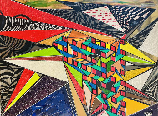 Abstraktes Acrylbild „PARTITION“ von Andreas Alka alias „FLoYd“, 80 x 60 cm ; geometrisch-konstruktive Komposition mit kräftigen Farben und vielfältigen Mustern, inspiriert vom Konzept der Teilung, Gliederung und strukturellen Ordnung.