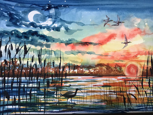 Lake at Sunset. Painting by Sally McCaffrey