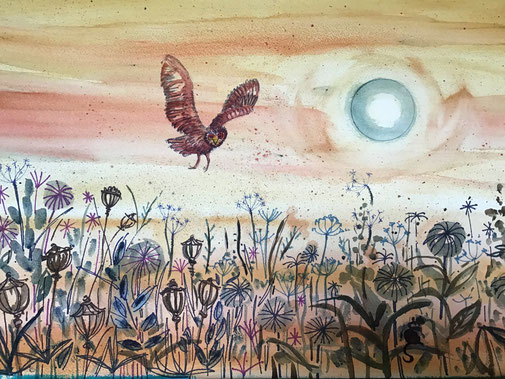 Owl over the Confield, painting by Sally Mccaffrey