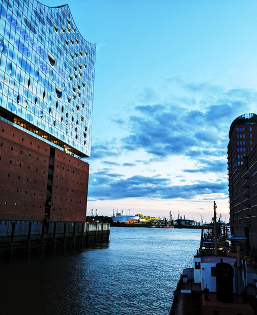 Die Elphi und die Elbe in der Dämmerung.