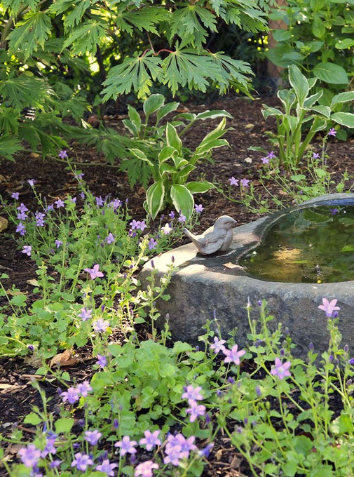 Vogeltränke mit Vogelfigur aus Stein steht inmitten von Sträuchern und bodendeckenden Pflanzen