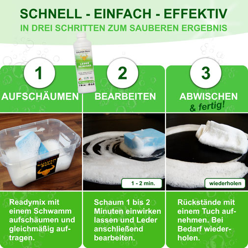 Natuerlicher Lederreiniger und Lederpflege fuer Auto, Sofa, Couch, Sessel von Golden Bull. Bio Leder Reiniger und Leder Pflege für geschmeidiges Leder.