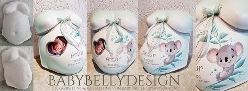 Gipsabdruck_Babybauch_Babybauchabdruck_Babybauch-Gipsbindenabdruck_Leinwand_Lampe_Oberflächenglättung_Veredelung_Gestaltung_Bemalung_Dekoration_Ornament_Schnörkel_rosa_blau_grün_Schleife_Perlen_Lampe_Standfuß_Uhr_Leinwand_LED_rot_türkis_Babyfoto
