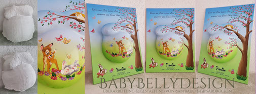 Gipsabdruck vom Babybauch, Babybauchabdruck, Überarbeitung, Oberflächenglättung, Veredelung, Gestaltung, Bemalung, Winnie the Pooh, Ultraschallbild