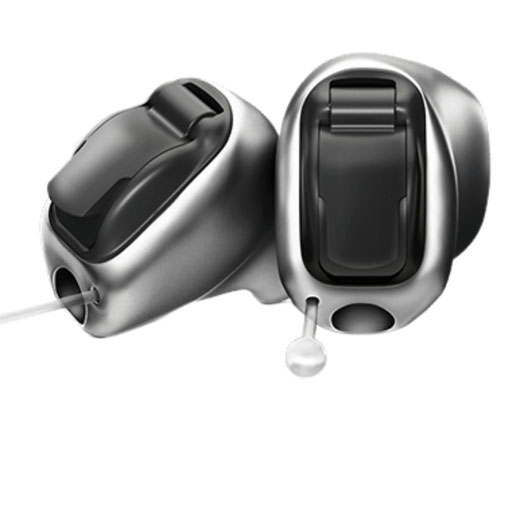 A close-up of a pair of Phonak Virto Titanium hearing aids without a push button controller