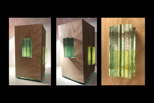 2022 Holz-Glas-Objekt "von Licht durchdrungen" Quader,15x15x30cm, Esche, Glas, Spiegel