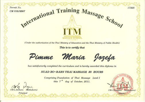 Beispiel eines ITM International Training Massage originale Zertifikat
