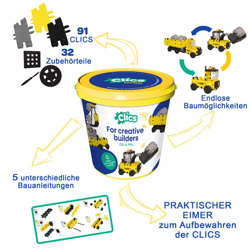 CLICS Eimer Baustelle – Bauideen mit Bagger und Baustellenfahrzeugen