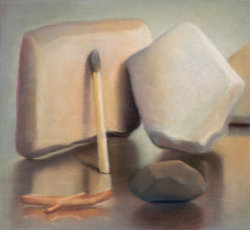 Steine und Streichholz, 2024, Pastell auf Leinwand, 50x40cm