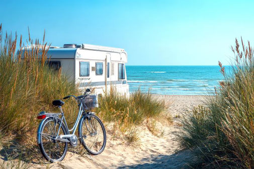 Ein gemietetes Wohnmobil am Strand mit Fahrrädern und mit CDW-Versicherung der ERGO Reiseversicherung für Womo-Vermieter