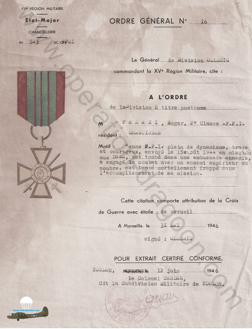 Document original de la citation Croix de guerre de Roger FREANI( collection operation-dragoon.com)
