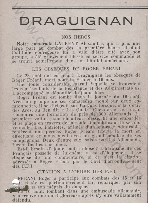 Article de presse original des Obsèques de Roger FREANI, (collection operation-dragoon.com)