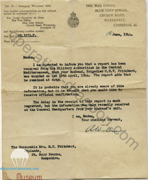 Letter from the war office received by his wife Mary PRITCHARD informing about his wounds in service.