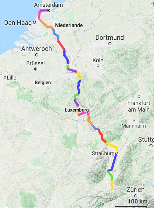 Landkarte mit eingetragenen Streckenabschnitten