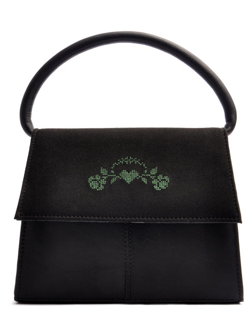 Trachtentasche  Leder schwarz mit Rosenstick . OSTWALD Traditional Craft 