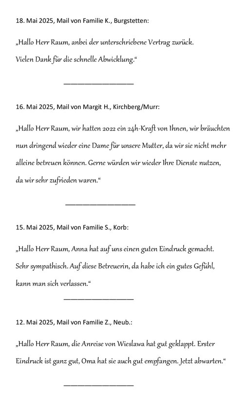 18. Mai 2025: neue gute Kundenreferenzen für RAUM Seniorenpflege24 in Auenwald