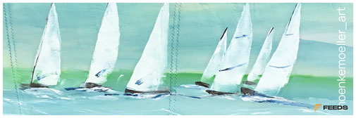 Mehrere Segelboote in Acrylfarben auf Original Segeltuch gemalt. Einzigartige Kunst kaufen mit Original Nähten im Motiv.