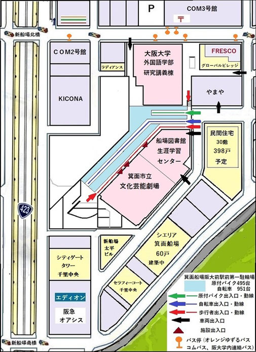 箕面船場阪大駅エントランス、駅前広場の完成時には西側自転車出入口付近地図