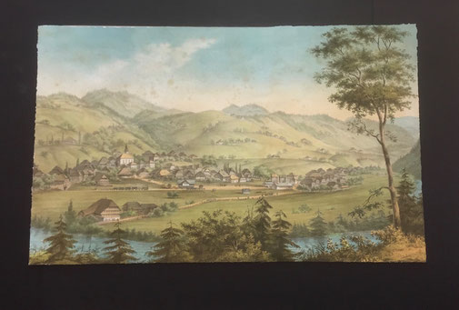 Litho von Langnau um 1860 - schwebend eingelegt in Alu-Distanzrahmen. Link