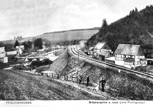 Um 1910: Bahnbau in Frielinghausen mit gleichzeitigem Bau der Wennebrücke