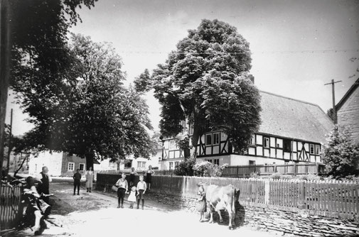 Die Pape-Straße mit dem Schultenhof, der gegenüber dem Pfarrhof liegt (um 1930). Hier bot Christoph Gabriel jeden Sonntag seine Waren an.