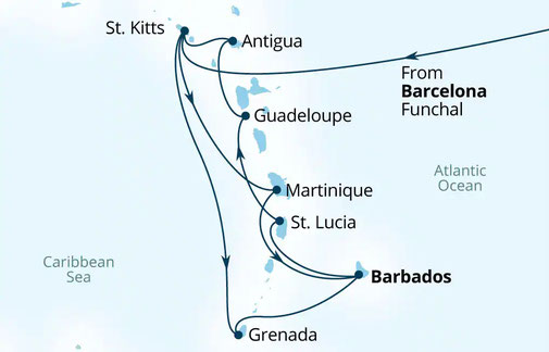 Reiseroute der Seabourn Ovation - Karibische Inseln