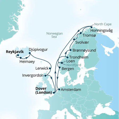 Routenkarte Seabourn Ovation - Schottische Inseln und Island Kreuzfahrt