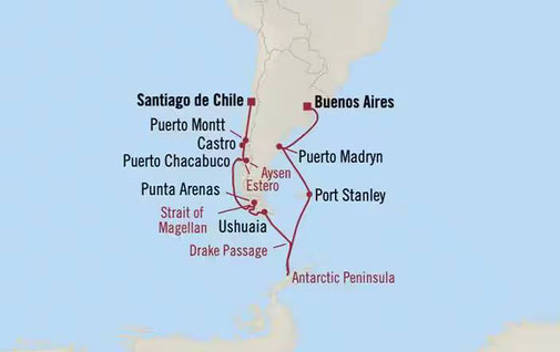 Routenkarte Oceania Marina von Santiago de Chile nach Buenos Aires