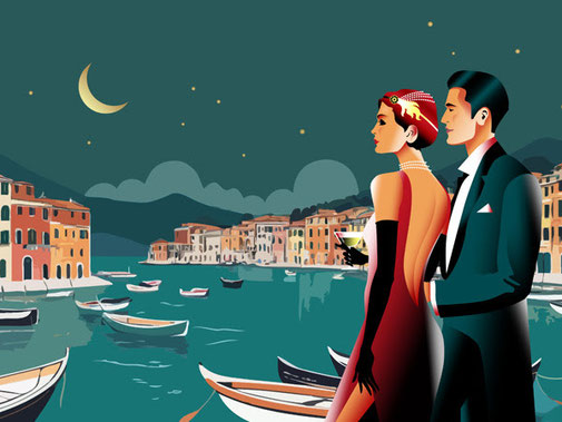 Illustration im Vintagestil: Ein Paar im 20er Jahre Stil blickt auf eine Stadt am Meer bei Nacht