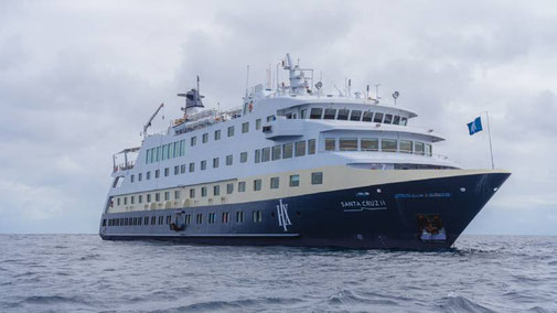 MS Santa Cruz II auf offener See unter bewölktem Himmel