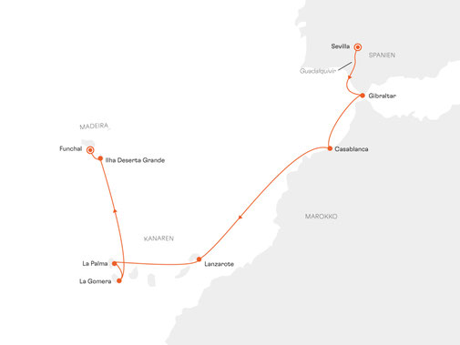 Reiseroute mit HANSEATIC nature von Sevilla nach Madeira