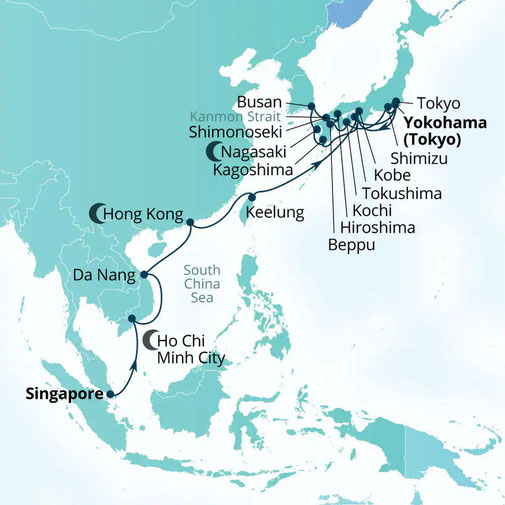 Routenkarte Seabourn Encore - Südost Asien und Japan Kreuzfahrt