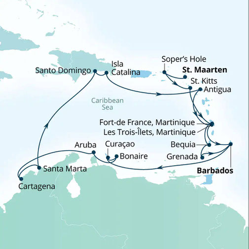Reiseroute Seabourn Ovation - Karibik