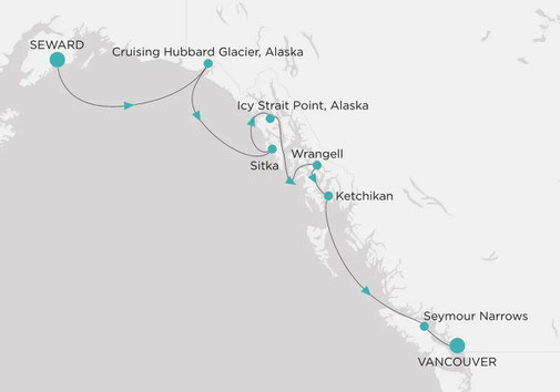 Routenkarte von Seward nach Vancouver mit Crystal Cruises