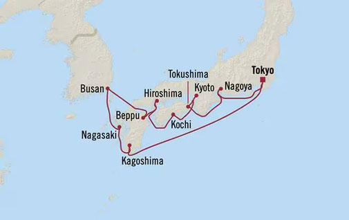 Routenkarte Oceania Regatta von Tokio bis Tokio