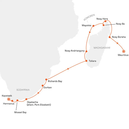Routenkarte Mauritius nach Kapstadt mit der HANSEATIC Spirit