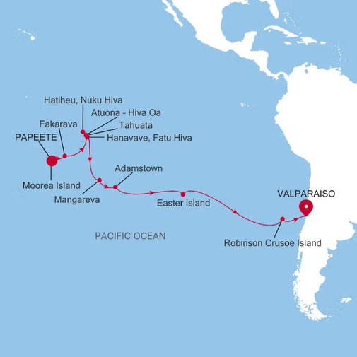 Reiseroute Silver Cloud von Silversea - Papeete/Tahiti nach Valparaiso