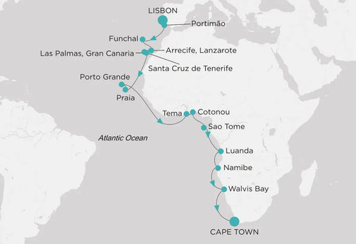 Routenkarte von Lissabon nach Kapstadt mit Crystal Cruises