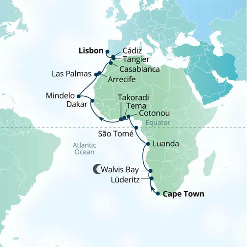  Reiseroute Welt-Kreuzfahrt von Kapstadt nach Lissabon
