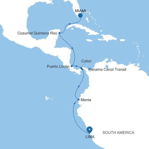 Routenkarte Silver Ray von Miami nach Lima