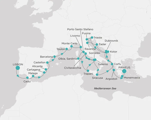 Route Crystal Cruises - Grand Journey Mittelmeer Route